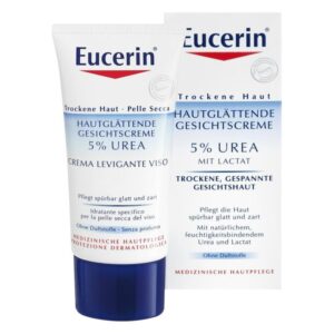 Eucerin Gesichtscreme mit 5% Urea in Tube, zur Pflege trockener Haut, ohne Duftstoffe, mit Informationen auf Verpackung.