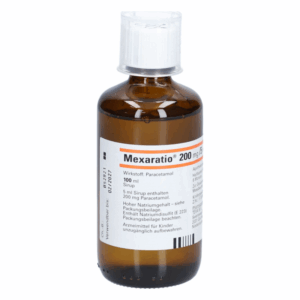 Braune Flasche mit rundem Boden und weißem Verschluss, enthält Paracetamol-Sirup mit einer Dosierung von 200 mg pro 5 ml.