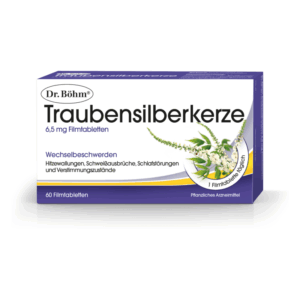 Verpackung von Traubensilberkerze mit 60 Filmtabletten zur Unterstützung bei Wechselbeschwerden.