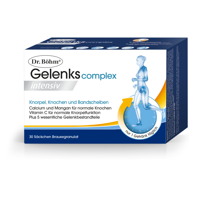Verpackung von Dr. Böhm Gelenkscomplex intensiv, enthält Brausegranulat zur Unterstützung von Gelenken und Knochen.