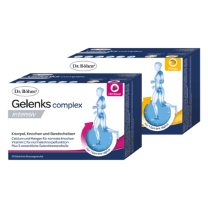 Zwei Kartons des Produkts Dr. Böhm Gelenkscomplex intensiv in Himbeere und Mango, zur Unterstützung von Gelenken und Knochen.