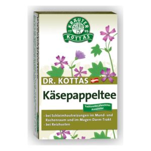 Paket mit Käsepappeltee von Dr. Kottas, umgeben von botanischen Illustrationen und Anwendungsgebieten.