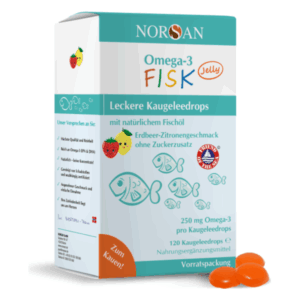 Verpackung von NORSAN Omega-3 FISK Jelly Kaugeledrops mit Erdbeer-Zitronengeschmack, abgebildet mit orangefarbenen Kaugeledrops.