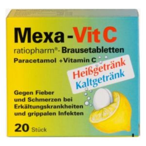 Verpackung der Mexa-Vit C Brausetabletten mit Zitronenmotiv, gegen Fieber und Erkältungen, enthält Paracetamol und Vitamin C.