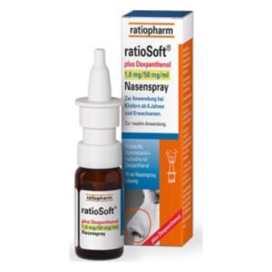 Nasen spray ratioSoft mit Dexpanthenol in einer braunen Flasche, verpackt in einem karton mit Anwendungshinweisen.