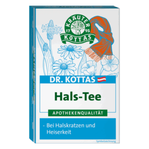 Verpackung von Dr. Kottas Hals-Tee, beleuchtet von Blumenmotiven, die den Heilungsanspruch unterstützen.