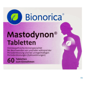 Packung mit Mastodynon Tabletten zur Linderung von Beschwerden bei Menstruationsproblemen, homöopathisch.