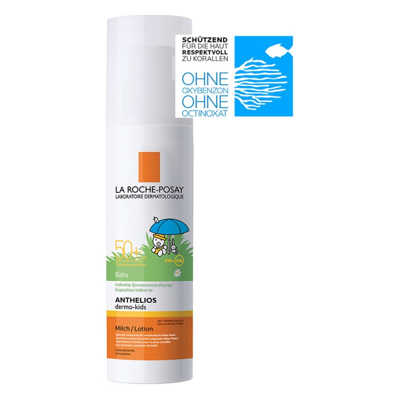 Sonnenschutzlotion für Babys von La Roche-Posay in einem weißen Pumpflakon mit buntem Etikett und kindgerechtem Design.