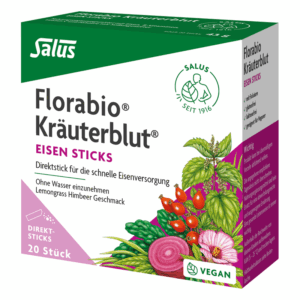 Verpackung von Florabio Kräuterblut Eisen Sticks, vegan, mit Lemongras-Himbeer-Geschmack, 20 Stück, informative Gestaltung.