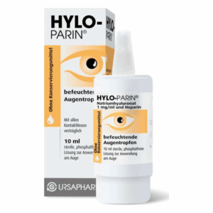 Flasche mit befeuchtenden Augentropfen HYLO-PARIN in einer Verpackung, ohne Konservierungsstoffe, ergonomisch gestaltet.