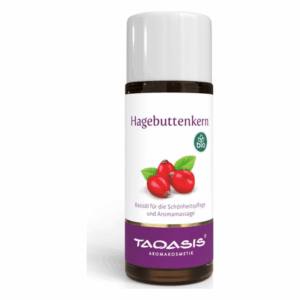 Flasche mit Hagebuttenkernöl, Bio-Siegel, Beschreibung für Schönheits- und Aromamassagepflege.