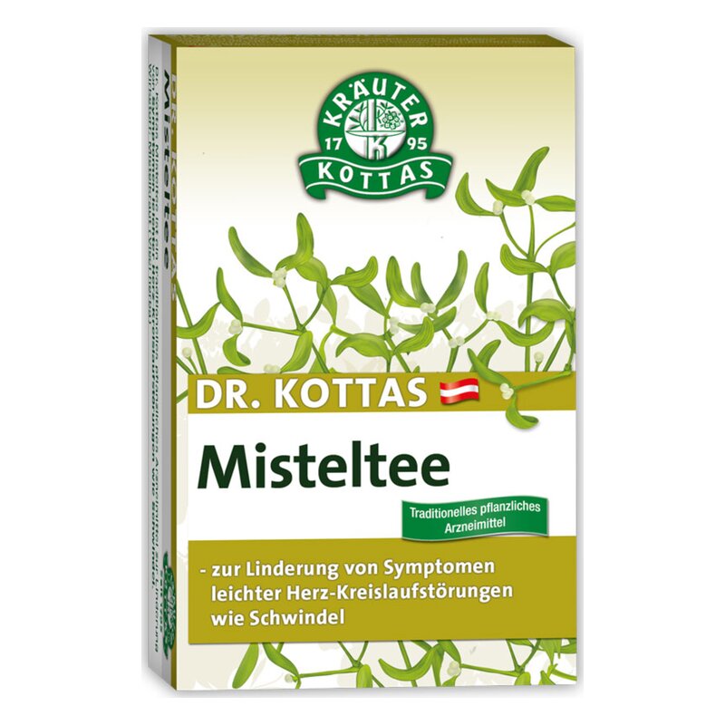 Packung mit Misteltee von Dr. Kottas, grüne Pflanzenmotive auf hellgrünem Hintergrund, Hinweis auf Anwendung bei Kreislaufstörungen.