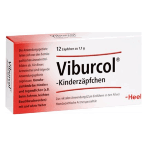 Packung mit Viburcol Kinderzäpfchen, 12 Stück, zur Anwendung bei Unruhezuständen und leichten Beschwerden.