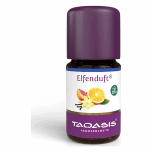 Braune Flasche mit lila Kappe, Etikett mit 'Elfen Duft' und grafischen Fruchtillustrationen, bio-zertifiziert.