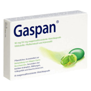 Packung mit 14 magensaftrésistenten Weichkapseln von Gaspan, enthält Pfefferminz- und Kümmelöl zur Magen-Darm-Beschwerden.