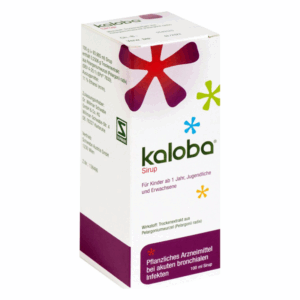 Kaloba Sirup in einer bunten Verpackung, empfohlen für Kinder ab 1 Jahr, mit pflanzlichen Inhaltsstoffen für Atemwegserkrankungen.