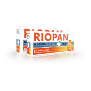 Verpackung von Riopan Magentabletten mit der Geschmacksrichtung Mint, zur Linderung von Sodbrennen.