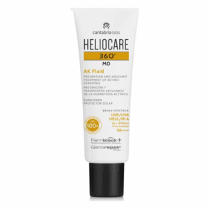 Sonnenschutzcreme in einer weißen Tube mit schwarzem Deckel, beschriftet als Heliocare 360° MD AK Fluid.