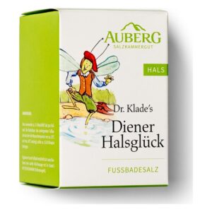 Verpackung von Dr. Klade's Fußbadesalz "Diener Halsglück" mit farbenfroher Illustration eines Sprites.