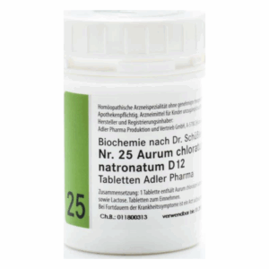 Weißer Fläschchen mit grünem Etikett, enthält homöopathische Tabletten mit Aurum chloratum natronatum D12.