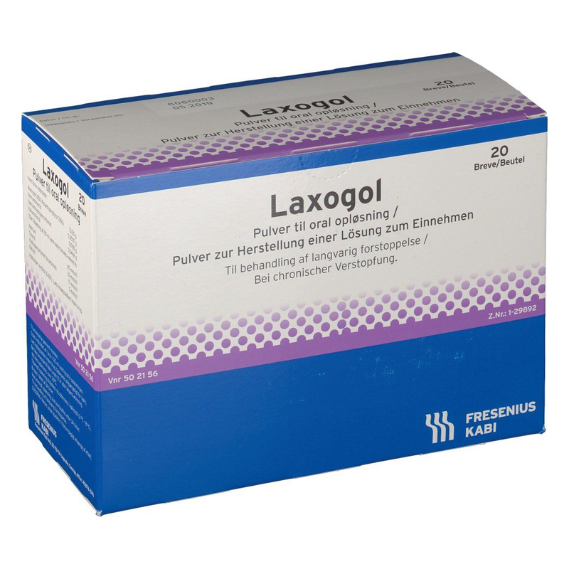 Verpackung mit Laxogol, einem Pulver zur Herstellung einer Lösung für die Behandlung von Verstopfung.