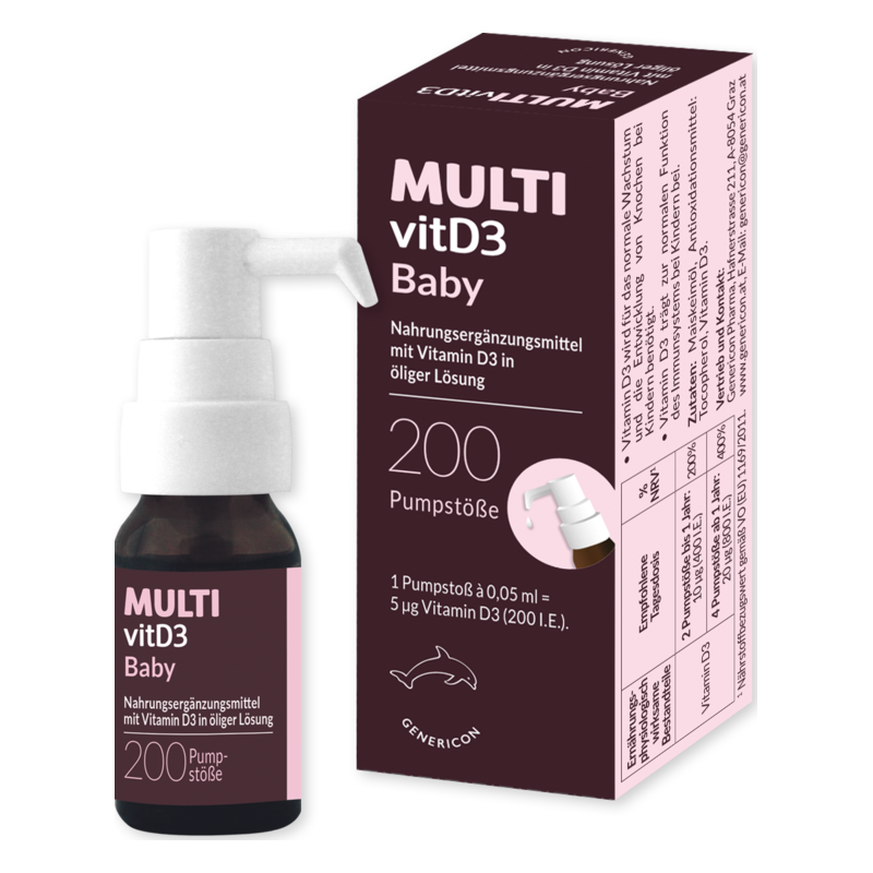 Flasche mit Vitamin D3 für Babys in öliger Lösung und Verpackung mit Pumpmechanismus.