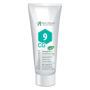 Eine Tube Cremegel Nr. 9 von Adler Pharma zur Fettregulierung der Haut, mit veganem Hinweis und mehreren Sprachversionen.