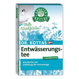 Verpackung von Dr. Kottas Entwässerungstee, grün-blau mit Kräuterillustrationen und Apotheken-Qualitätshinweis.