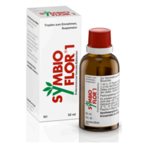 Braune Tropfflasche mit rot-weißer Kappe und Pappschachtel, bezeichnet mit SYMBIO FLOR 1, 50 ml Inhalt.