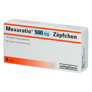 Packung Mexaratio 500 mg Zäpfchen mit Paracetamol zur Fieber- und Schmerzbehandlung.