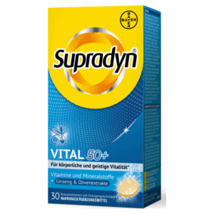 Supradyn Vital 50+ Packung mit gelber und blauer Gestaltung, enthält Brausetabletten mit Orangengeschmack und Vitaminen.