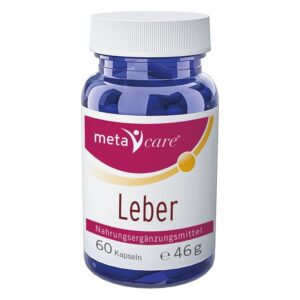 Blauer Kunststoffbehälter mit weißem Deckel, enthält Kapseln für Leber-Nahrungsergänzungsmittel.