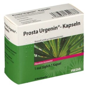 Verpackung von Prosta Urgenin-Kapseln mit Informationen zu Inhaltsstoffen und Anwendungshinweisen.