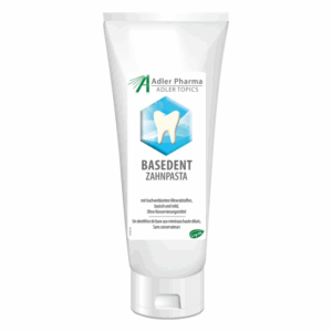 Tube mit BASIDENT Zahnpasta, ausgewiesen für ihre sanften Inhaltsstoffe ohne Konservierungsstoffe.