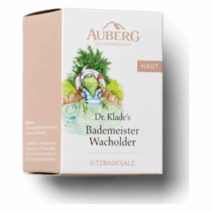 Verpackung von Dr. Klades Bademeister Wacholder Sitzbadesalz mit illustrativem, entspannendem Froschmotiv.