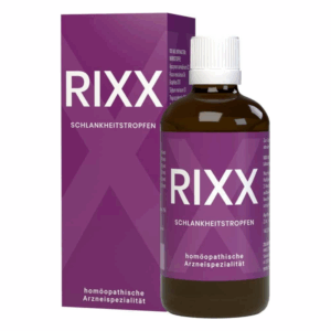 Braune Flasche mit homöopathischen Schlankheitstropfen, umgeben von lila Verpackung mit dem Schriftzug "RIXX".