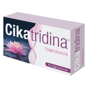 Verpackung von Cikatridina mit einer Abbildung einer Lotusblume, enthält vaginale Zäpfchen.