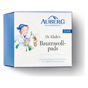 Verpackung von Dr. Klade's Baumwollpads mit kinderfreundlichem Design und Hinweis zur Verwendung mit AUBERG Ohrenwickeln.