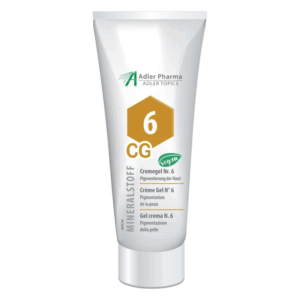 Tube mit Creme Gel Nr. 6 zur Hautpigmentierung, vegan, mit Mineralstoffen, auffälliger Grafik.