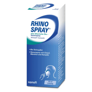 Verpackung von RHINO SPRAY, einem Nasenspray mit ätherischen Ölen zur Linderung von Schnupfen.