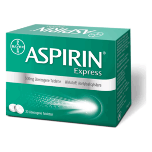 Aspirin Express Packung mit 20 überzogenen Tabletten, enthält Acetylsalicylsäure, grüne Verpackung.