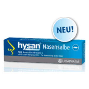 Verpackung von hysan Nasensalbe in einer blauen Box mit grauem unteren Rand und dem Hinweis "NEU!".