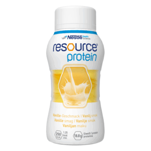 Flasche mit Proteinshake in Vanillegeschmack, abgerundetes Design, gelb-weißer Farbton, geschlossene Verpackung.