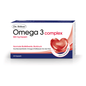 Verpackung von Dr. Böhm Omega 3 complex Kapseln, zur Unterstützung normaler Blutwerte, mit Herzsymbol.