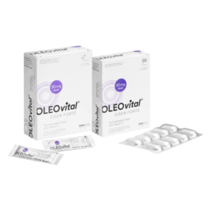 Zwei Packungen OLEOvital Eisen Forte mit Weisheiten und einem Blister mit Kapseln, die Eisen und Vitamin C enthalten.