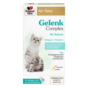 Verpackung von Gelenk Complex für Katzen mit Angaben zu Omega-3, Vitamin E und Inhaltsstoffen in Portionenbeuteln.