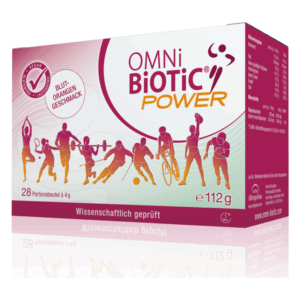 Packung OMNi BiOTiC POWER mit stilisierten Sportlern, blut-orangem Geschmack und 28 Portionsbeuteln.