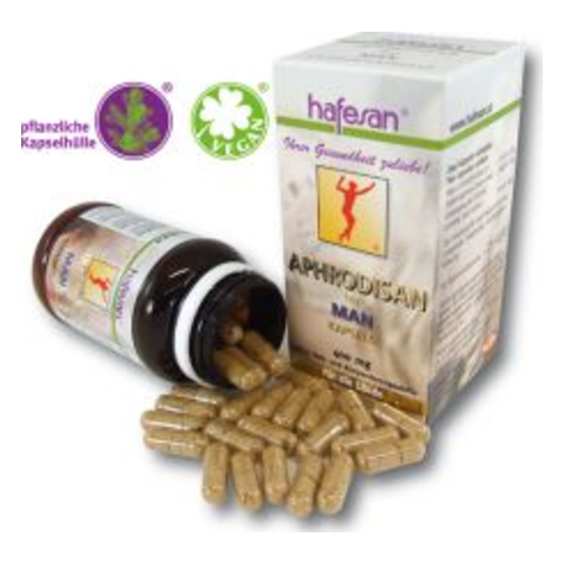 Braune Kapseln in einer offenen Flasche, daneben eine Verpackung mit der Aufschrift "APHRIODICAN MAN".