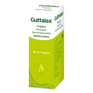 Verpackung von Guttalax Tropfen, 30 ml, mit grünem Design und Informationen zu Wirkstoff und Anwendung.