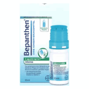 Bepanthen Augentropfen Intense in einer transparenten Flasche mit blauer Verschlusskappe und Umverpackung.